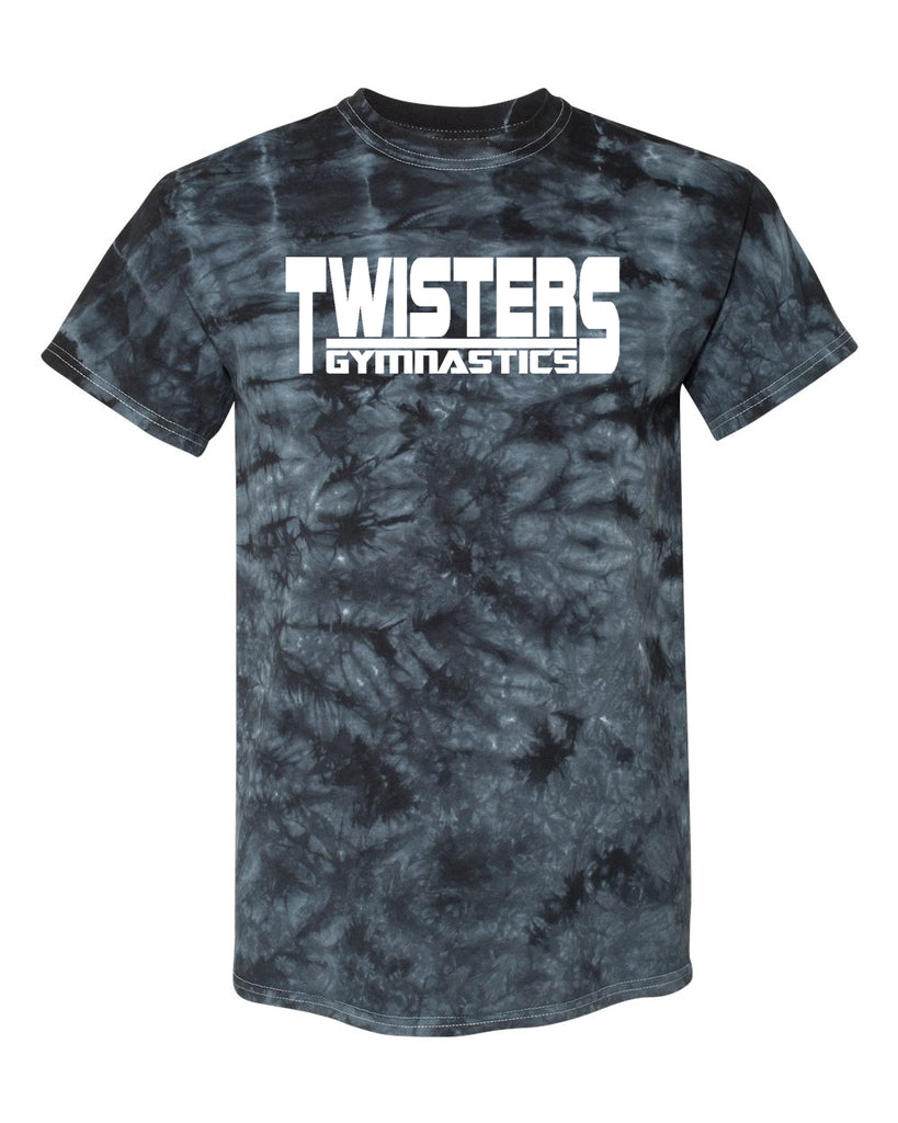 twisters gymnastics dyenomite - black crystal tie dye t-shirt - 200cr w/ twisters beam design