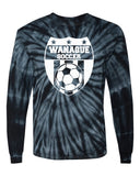 wanaque soccer cyclone tye dye long sleeve tee w/ large wanaque soccer logo on front.