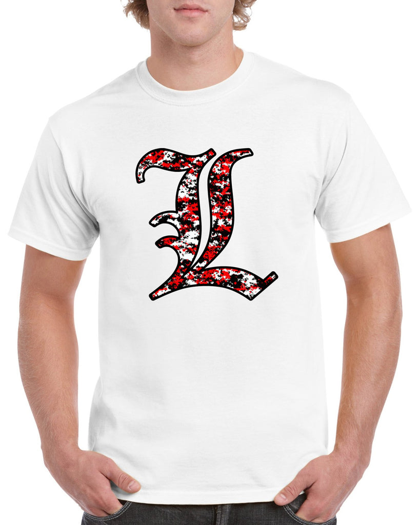 lakeland lancers football red digi camo lancer "l" graphic design shirt