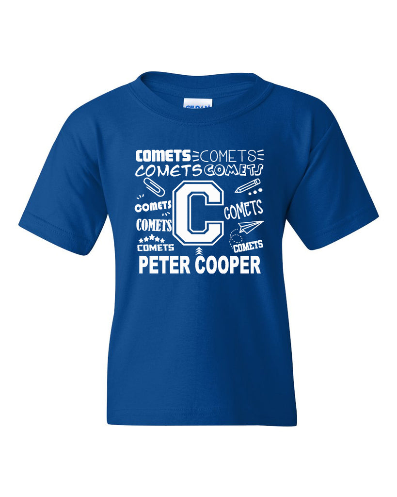 peter cooper comets royal short sleeve tee w/ doodle design on front