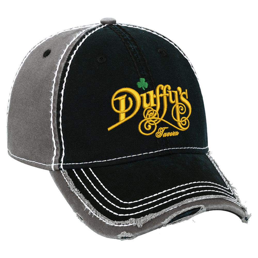 Duffy's Tavern 2 Tone Distressed Hat w/ Embroidered Logo on Front.