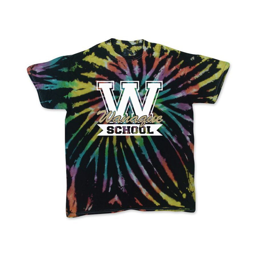 wanaque school aurora multi-color spiral short sleeve t-shirt w/ wanaque school "w" logo on front.
