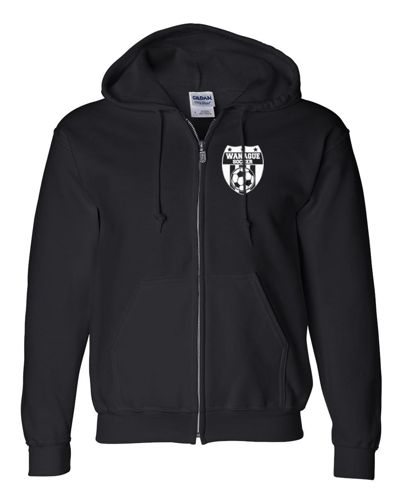 wanaque soccer black heavy blend full-zip hoodie with small wanaque soccer logo on left chest..