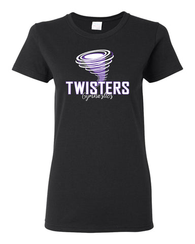 Twisters Gymnastics Black 100% Cotton Tee w/ Twisters 2 Color Spangle Design