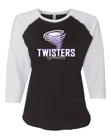 Twisters Gymnastics Black Sports Bra w/ 2 Color Spangle Logo on Front.