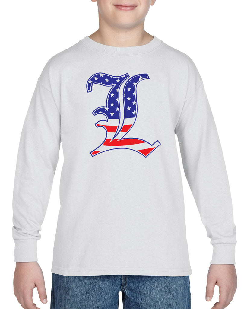 lakeland basketball whiteheavy blend shirt w/ american flag lancer "l" logo on front.
