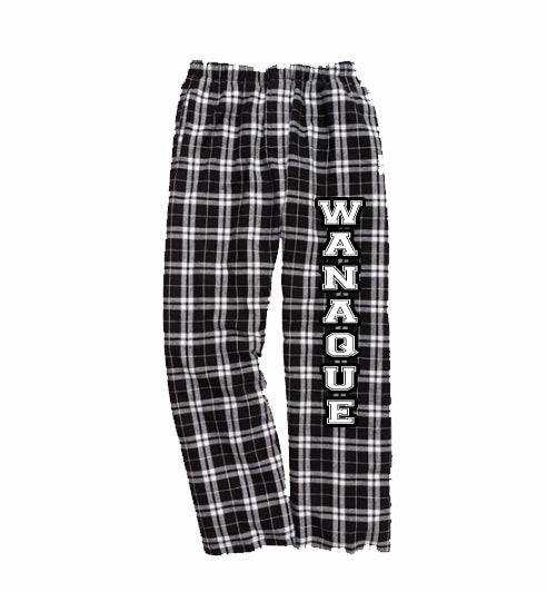 wanaque pj style flannel pants w/ wanaque logo in black & white down leg.