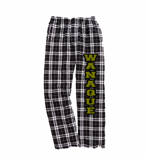 wanaque pj style flannel pants w/ wanaque logo in black & gold down leg.