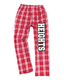 heights red/white pj style flannel pants w/ heights down left leg.