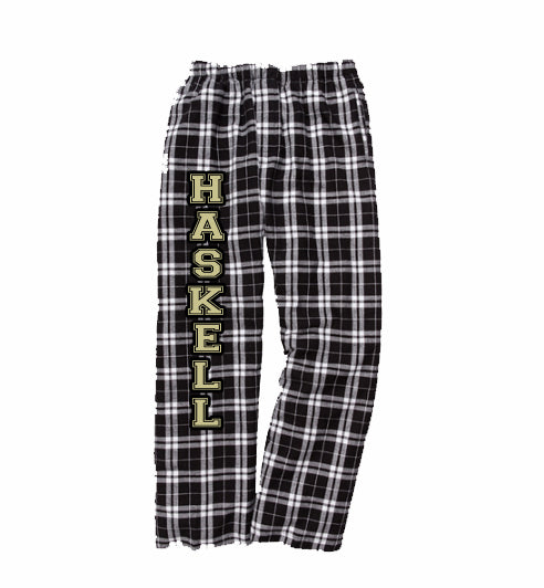 haskell school pj style flannel pants w/ haskell logo down leg graphic design pants