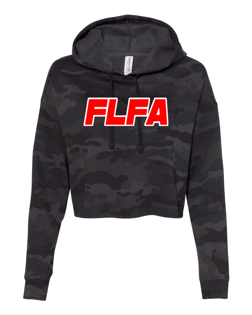 flfa black camo women’s lightweight cropped hooded sweatshirt - afx64crp  w/ flfa (text) logo on front