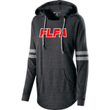 flfa black as ladies hooded low key pullover w/ flfa (text) logo on front