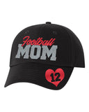 football mom glitter hat with option player # heart graphic