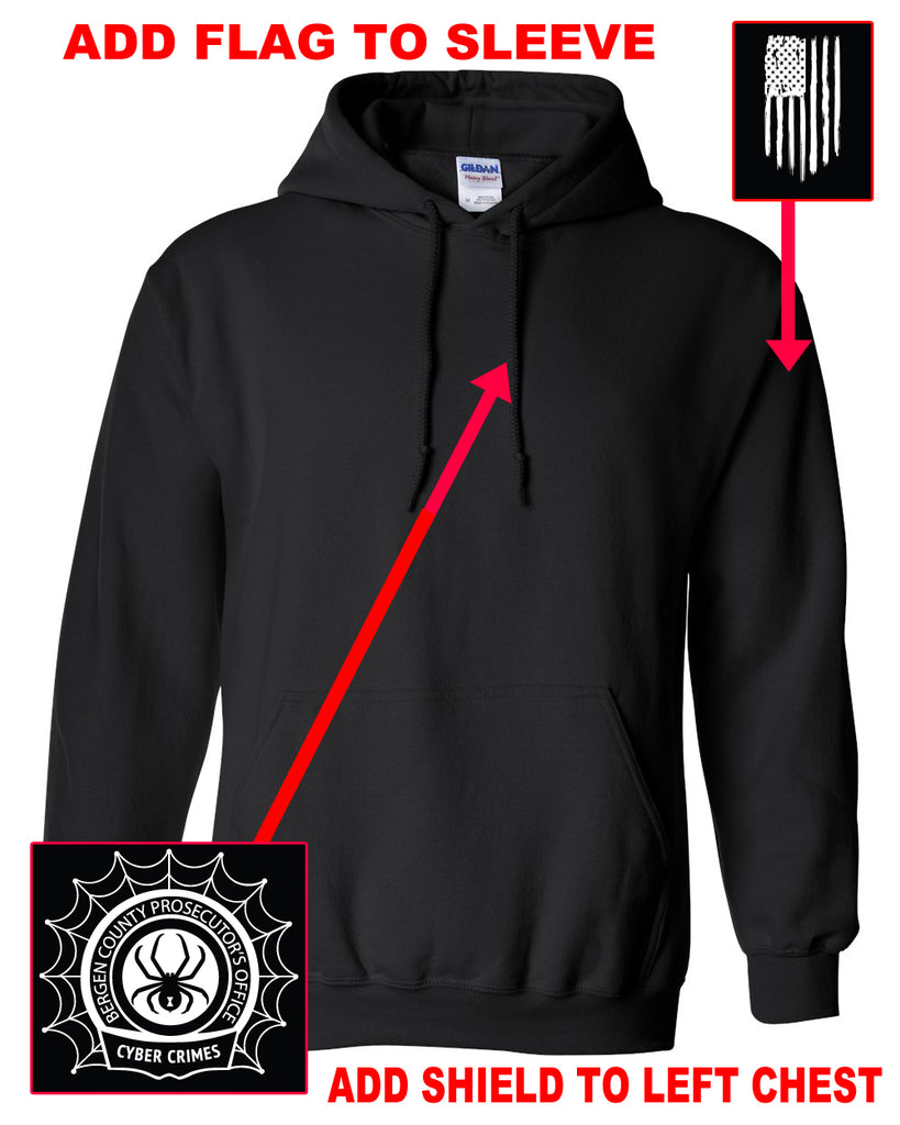 ccu black hoodie w/ ccu claw logo in 2 color print on back & optional designs on front & arm