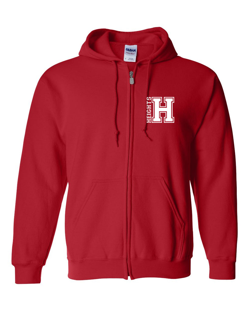 heights red heavy blend full zip hoodie w/ small left chest og logo on front.