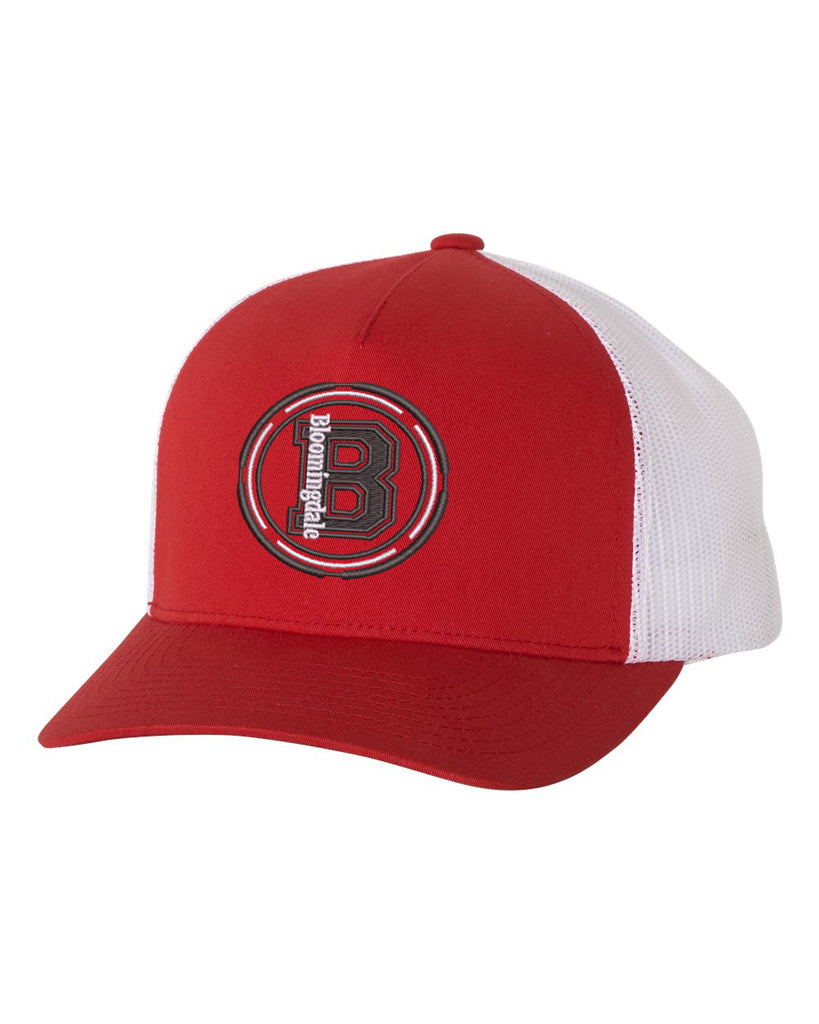 bloomingdale pta red & white five-panel retro trucker cap - 6506 w/ bloom b design embroidered on front.