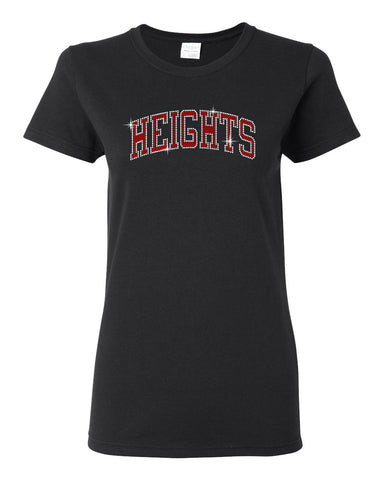 Heights Black Short Sleeve Tee w/ Heights Crossword Design in Red & White on Front.