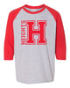 heights gray/red raglan tee w/ heights og design in red on front.