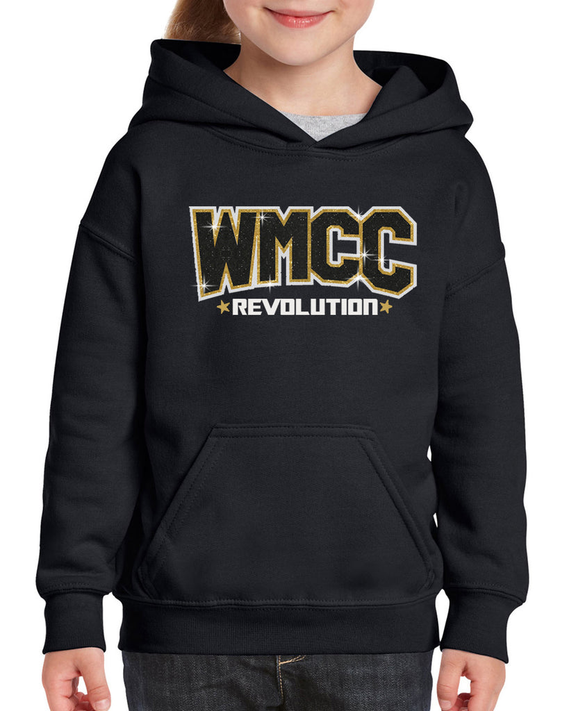 wmcc black hoodie w/ wmcc logo in 3 color print (glitter) on front.