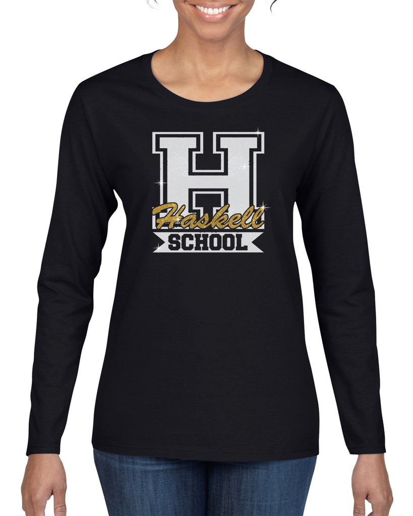 haskell school heavy cotton black long sleeve tee w/ haskell school "h" logo in glitter on front.