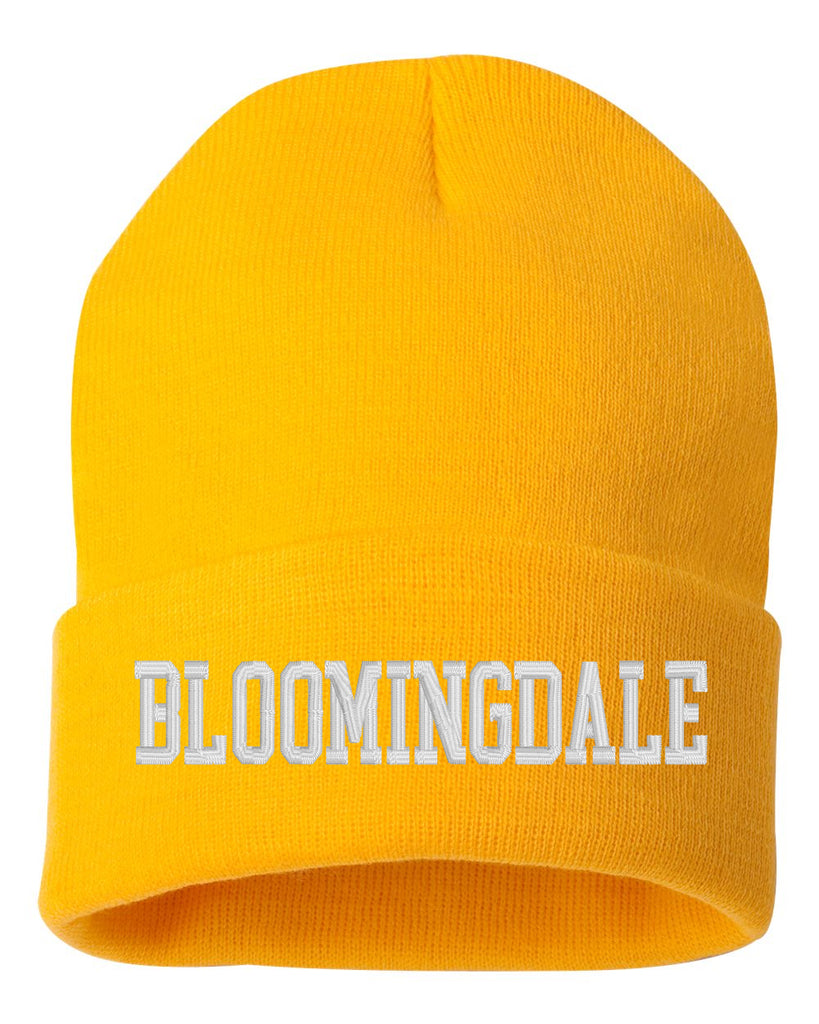 bloomingdale pta sportsman - solid gold 12" cuffed beanie - w/ bloomingdale embroidered on front.
