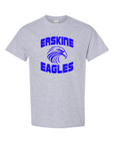 erskine school sport gray short sleeve tee w/ royal logo design 1 on front