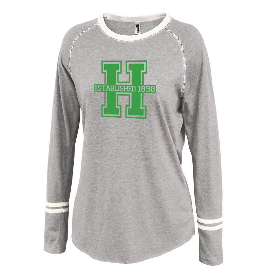hopatcong gray ringer stripe crew shirt w/ hopatcong "h" logo design on front.