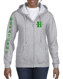 hopatcong hooded full zip-up sweatshirt w/ small chest logo & hopatcong down sleeve graphic transfer design sweatshirt
