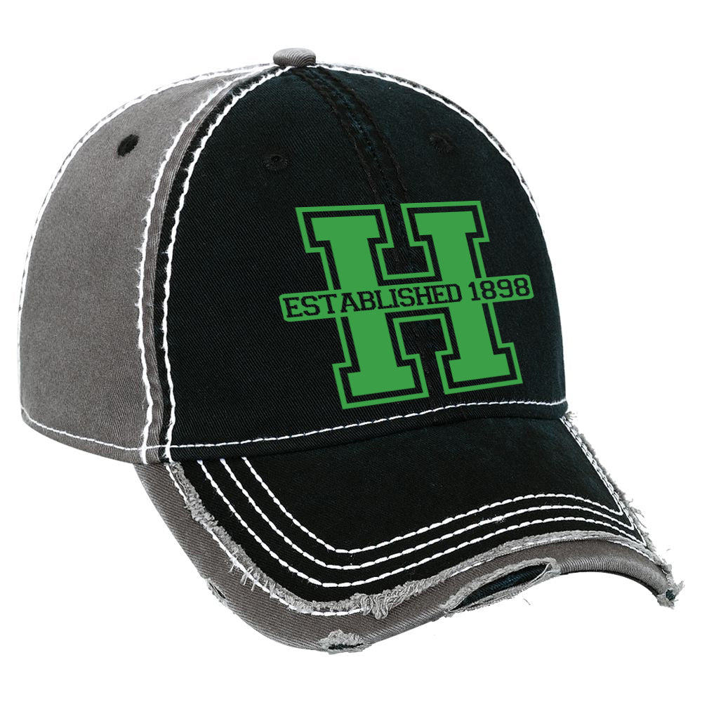 hopatcong distressed hat w/ hopatcong "h" logo design on front.