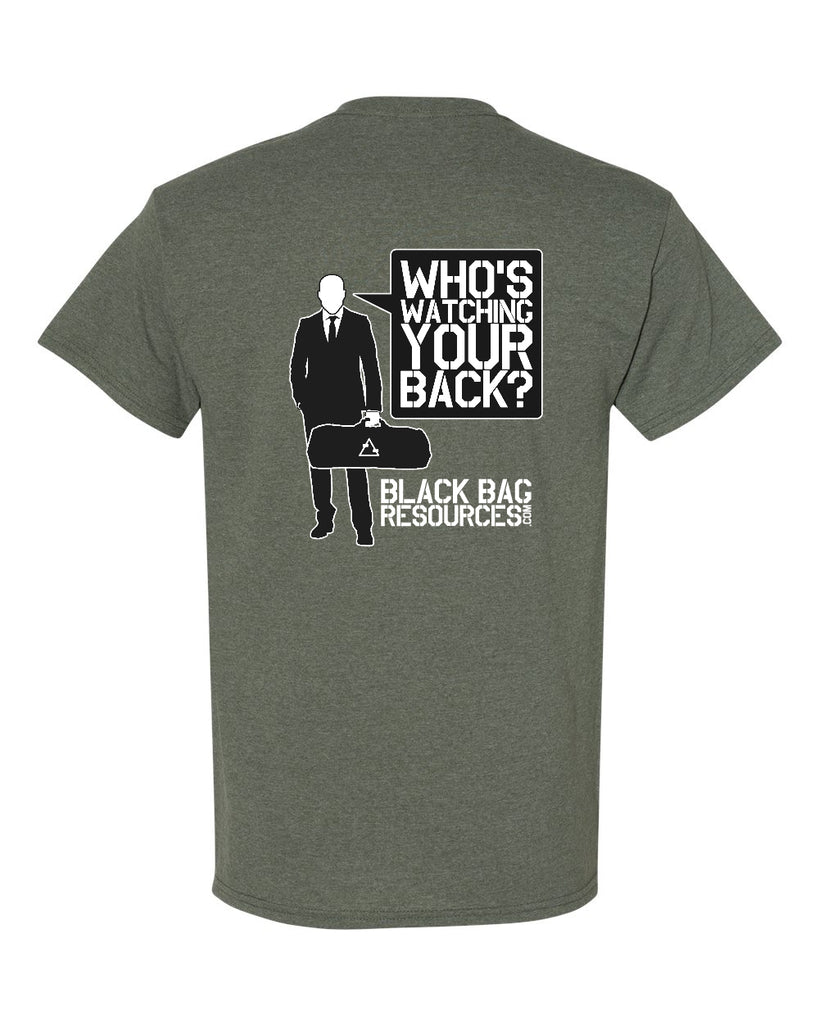 black bag resources - who's watching your back - 2 color printed graphic tee