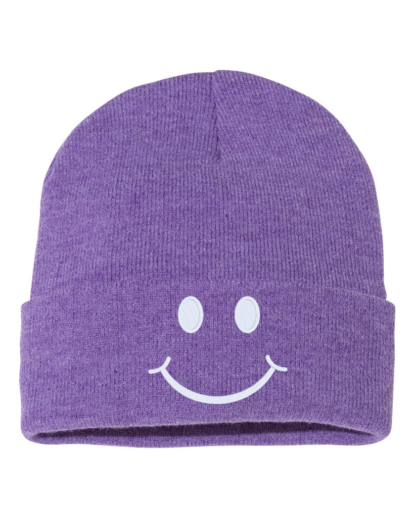 smile face embroidered cuffed beanie hat