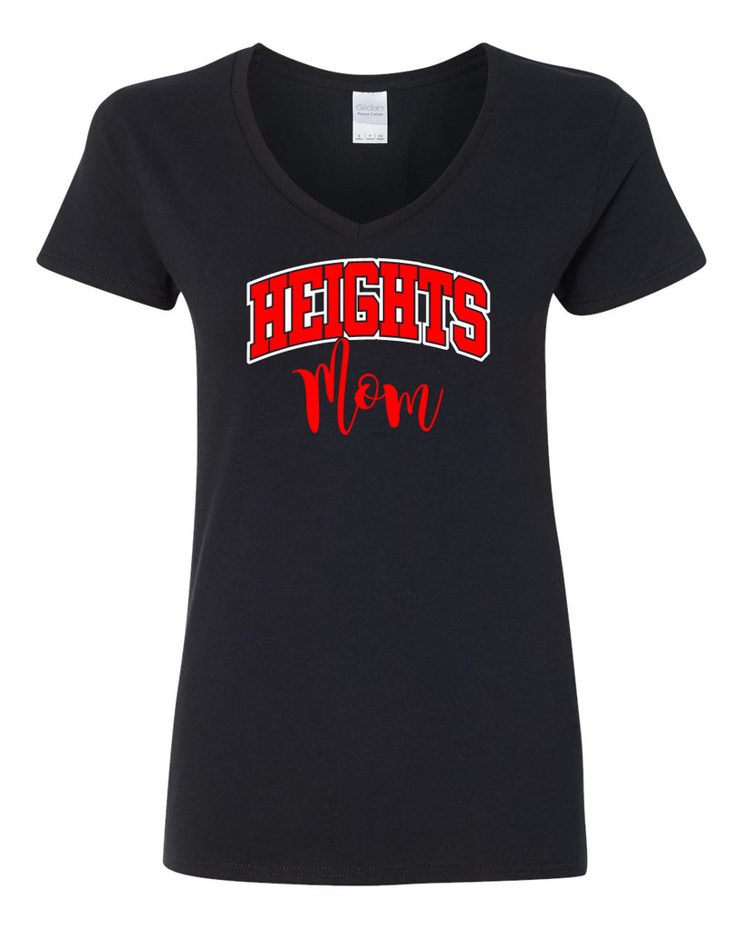 heights black v-neck short sleeve tee w/ heights mom design on front.