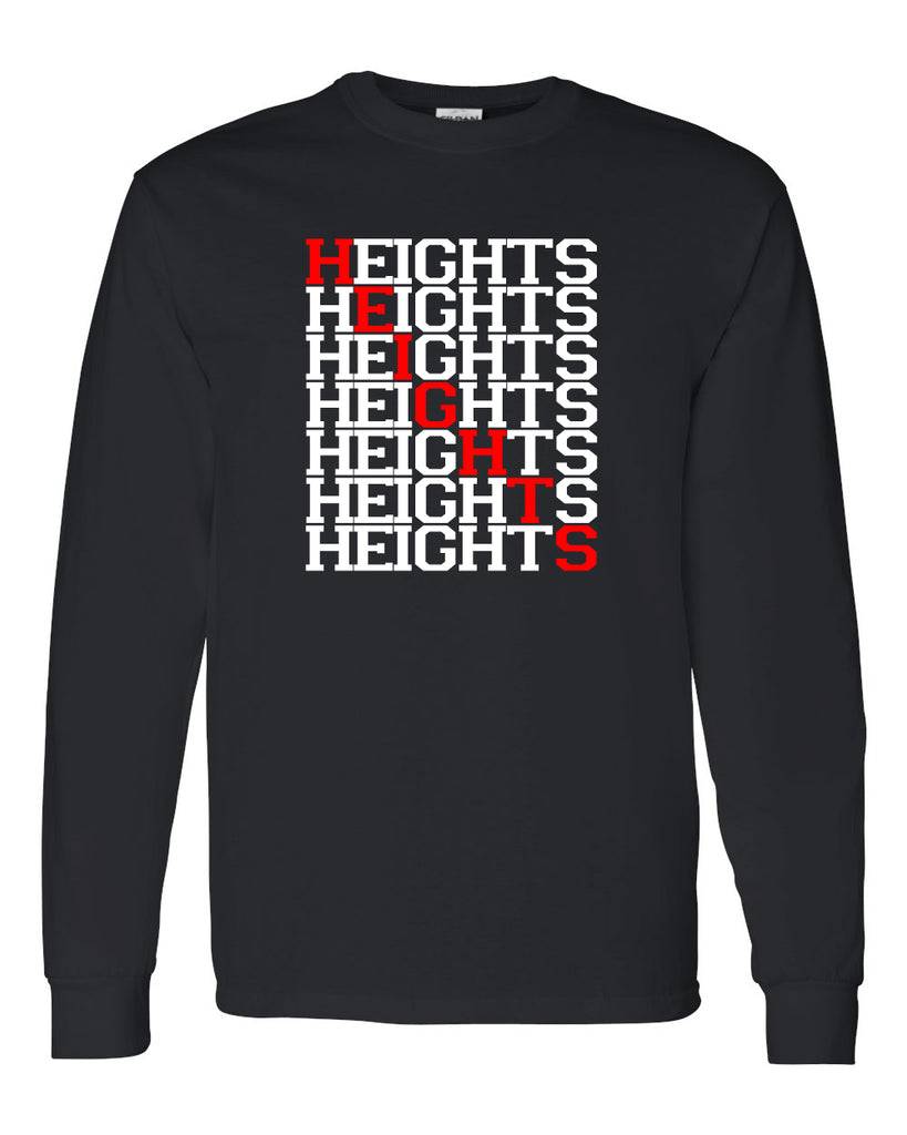 heights black long sleeve tee w/ heights crossword design in red & white on front.