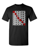 heights black short sleeve tee w/ heights crossword design in red & white on front.