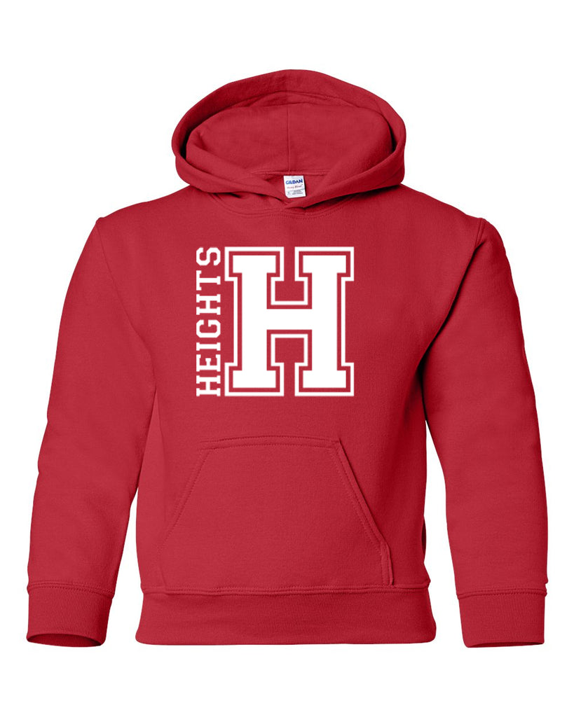 heights red hoodie w/ heights og design in white on front.