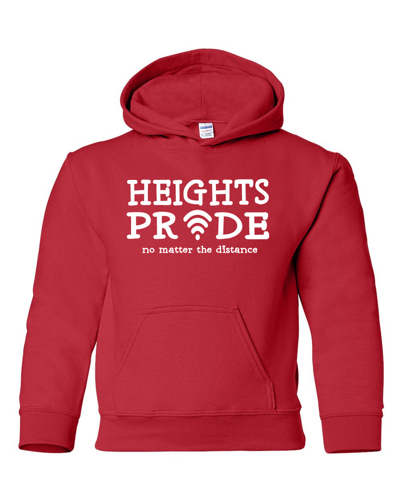 heights red hoodie w/ heights pride design in white on front.