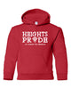 heights red hoodie w/ heights pride design in white on front.