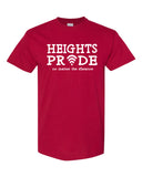 heights red short sleeve tee w/ heights pride design in white on front.
