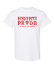 heights white short sleeve tee w/ heights pride design in red on front.