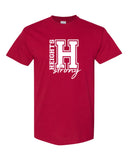heights red short sleeve tee w/ heights strong design in white on front.