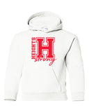 heights white hoodie w/ heights strong design in red on front.