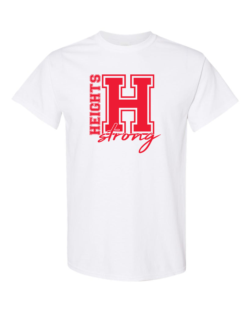 heights white short sleeve tee w/ heights strong design in red on front.