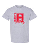 heights sport gray short sleeve tee w/ heights strong design in red on front.