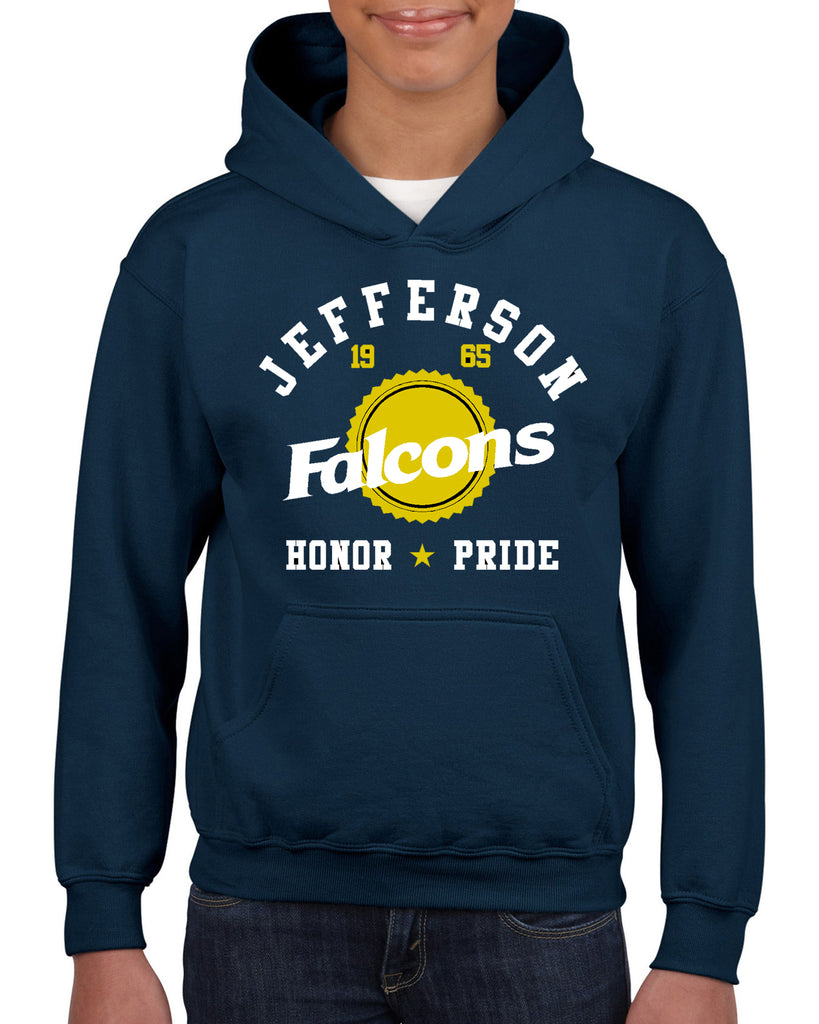 jcpta navy heavy blend hoodie w/ large jcpta "honor & pride" logo on front.