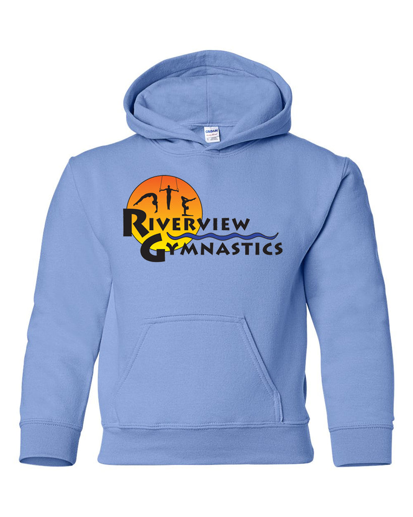 riverview gymnastics carolina blue hoodie w/ full color sun design on front.