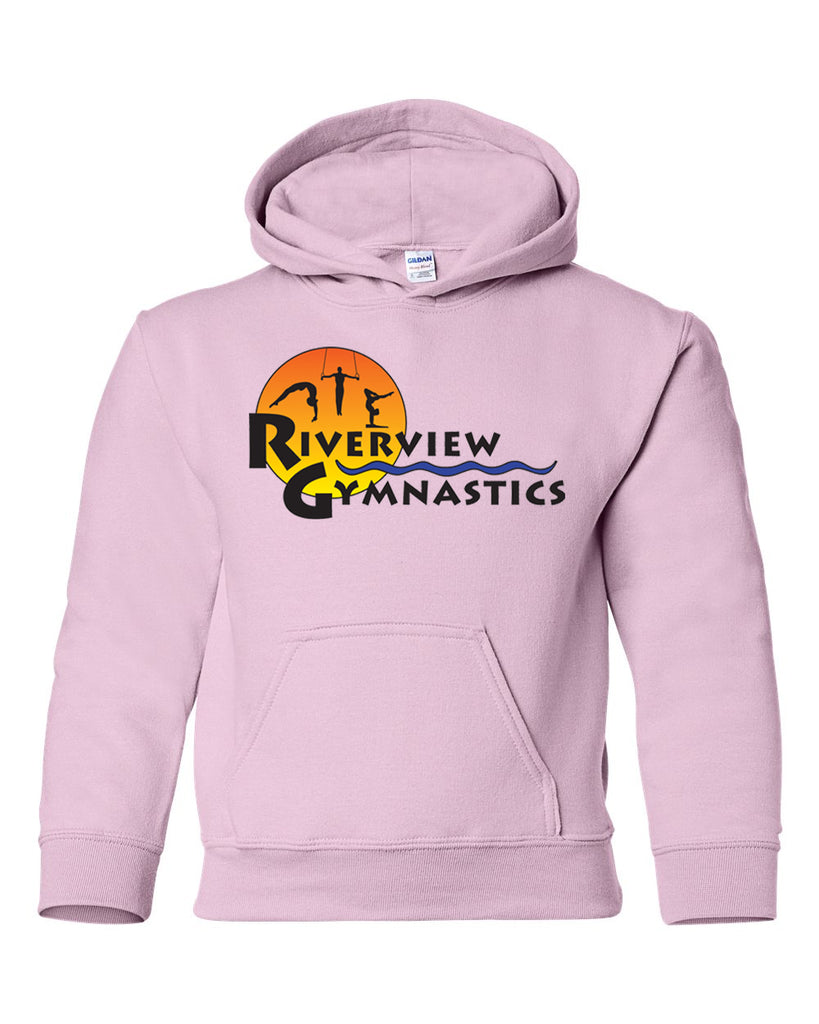 riverview gymnastics light pink hoodie w/ full color sun design on front.