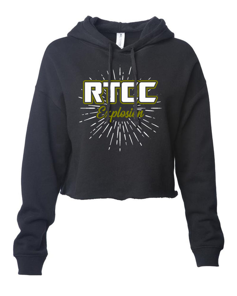 rtcc - itc women's lightweight cropped hooded sweatshirt with 2 color burst design on front.