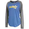 butler stars gray/blue jersey raglan crewneck shirt w/ butler stars design on front.