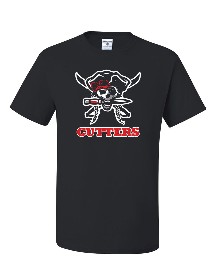 flfa black jerzees - dri-power® 50/50 t-shirt - 29mr w/ cutters cheer/football pirate on front