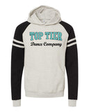top tier dance oatmeal heather-black jerzees - nublend® varsity colorblocked raglan hooded sweatshirt - 97cr w/ top tier dance company logo on front